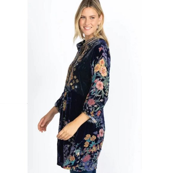 Johnny Was Bouquet Burnout Gweneth Navy Blue Dress Lined Floral Embroidery NEW - Picture 2 of 6